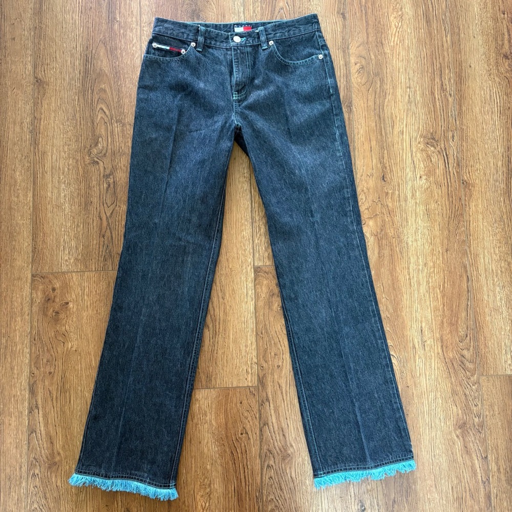 VTG Y2K Tommy Jeans Dark Wash‎ Bootcut Blue Fringe Hem Womens 7 Boho Low Rise